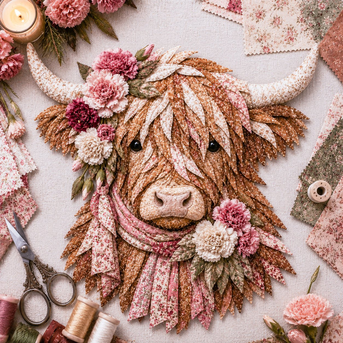 🐮💐🌸 Birth Flower Highland Cow 3D Layered Fabric Art DIY Kit 🔥