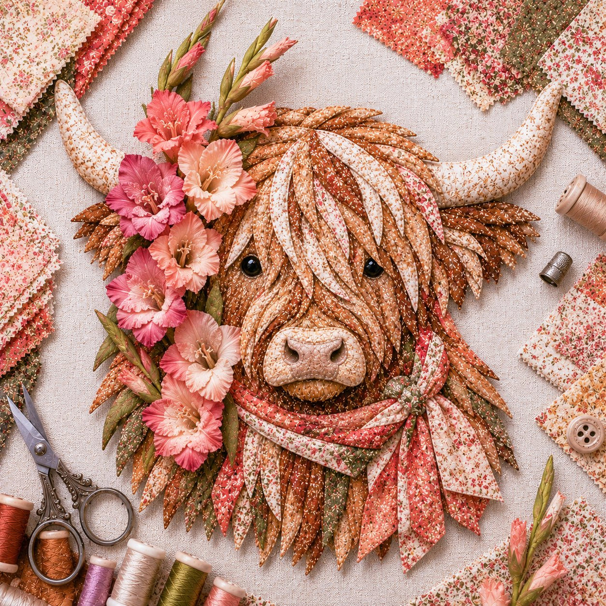 🐮💐🌸 Birth Flower Highland Cow 3D Layered Fabric Art DIY Kit 🔥