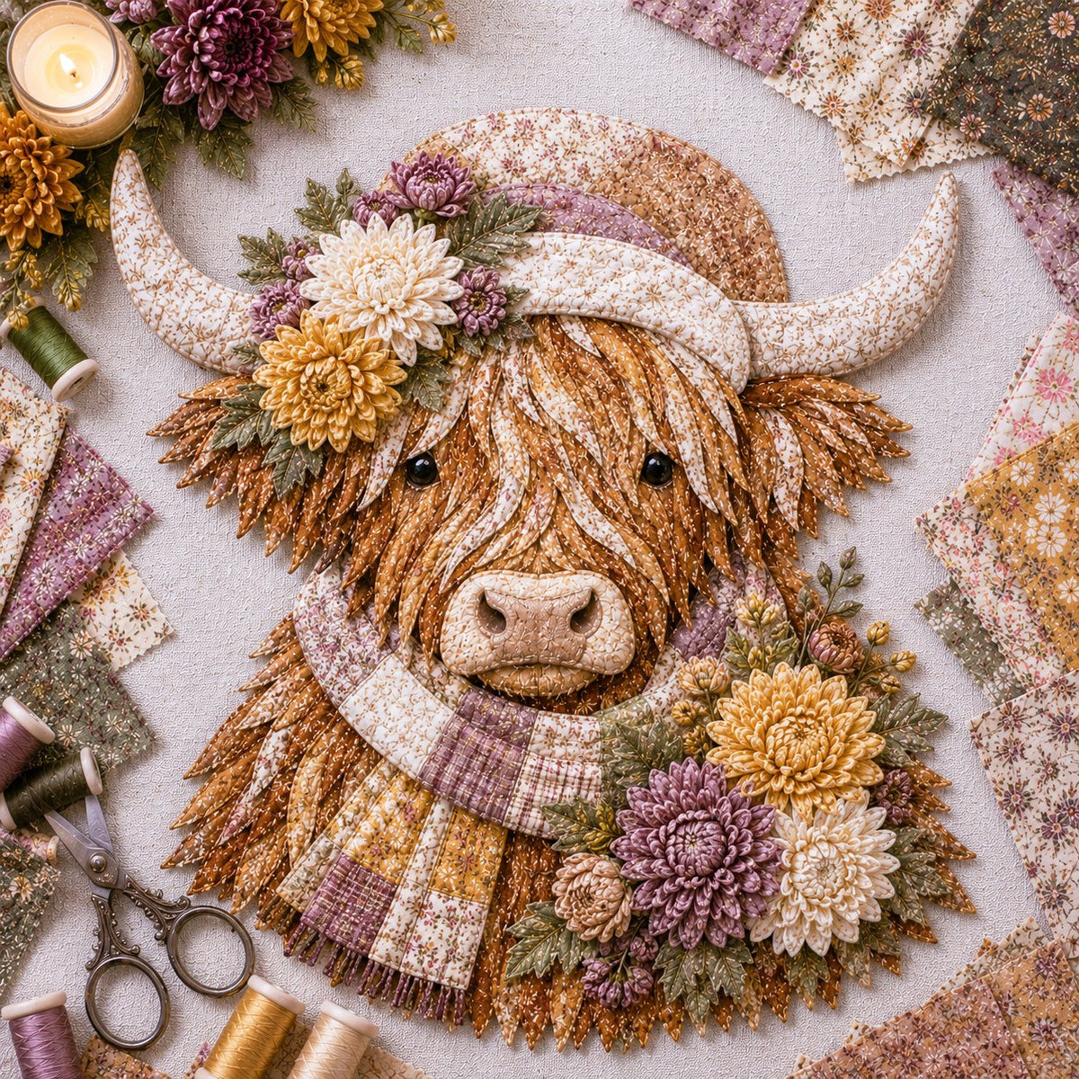 🐮💐🌸 Birth Flower Highland Cow 3D Layered Fabric Art DIY Kit 🔥