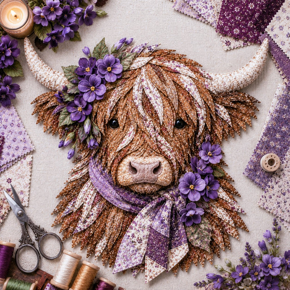 🐮💐🌸 Birth Flower Highland Cow 3D Layered Fabric Art DIY Kit 🔥
